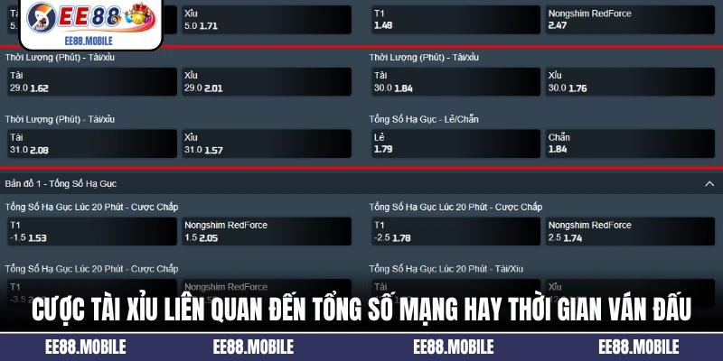 Cược tài xỉu liên quan đến tổng số mạng hay thời gian ván đấu